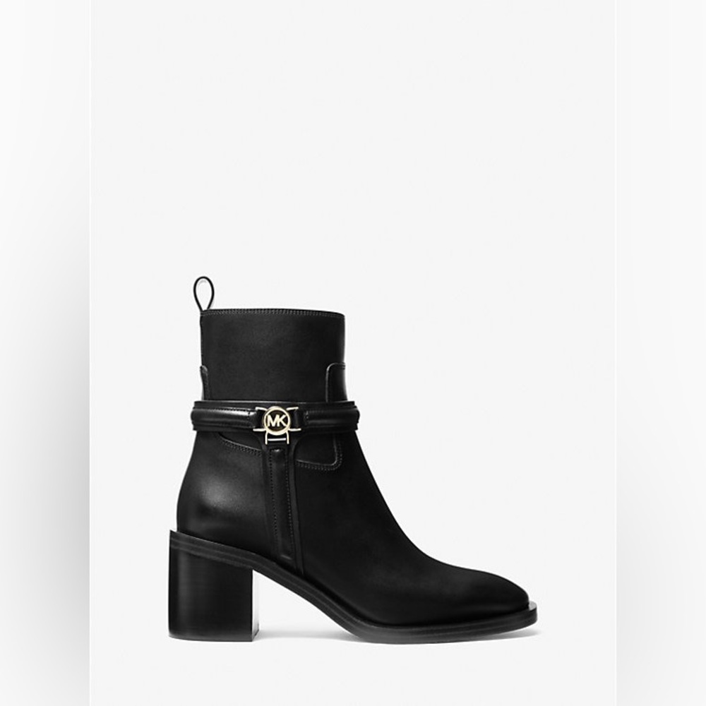 Michael Kors Mindy Leather Ankle Black Heeled Boots with Gold Hardware - Picture 8 of 8